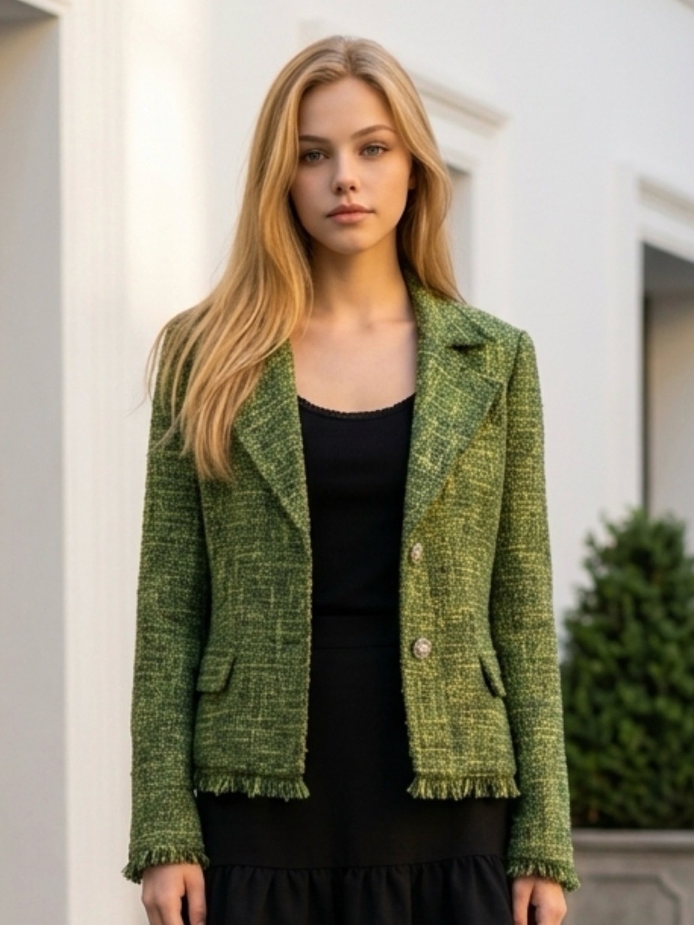 Tribal Green Tweed Fringe-Trim Blazer Jacket